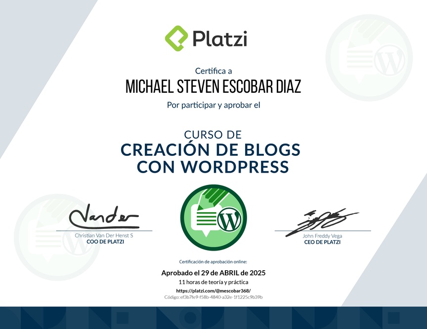 Diploma del Curso de Creación de Blogs con WordPress