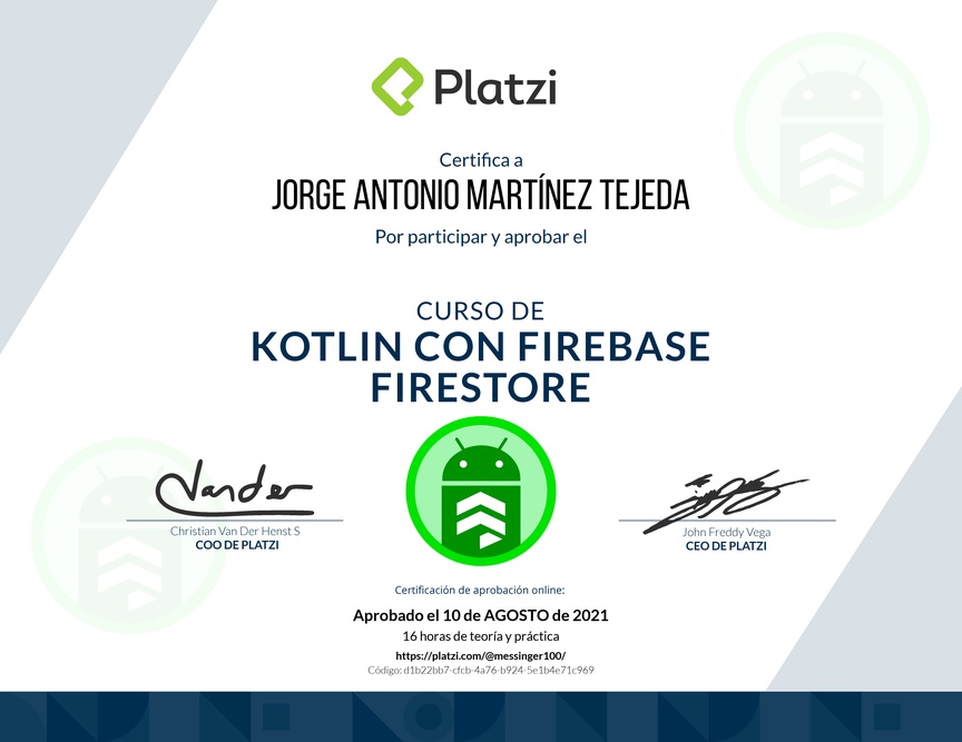 Diploma del Curso de Kotlin con Firebase Firestore