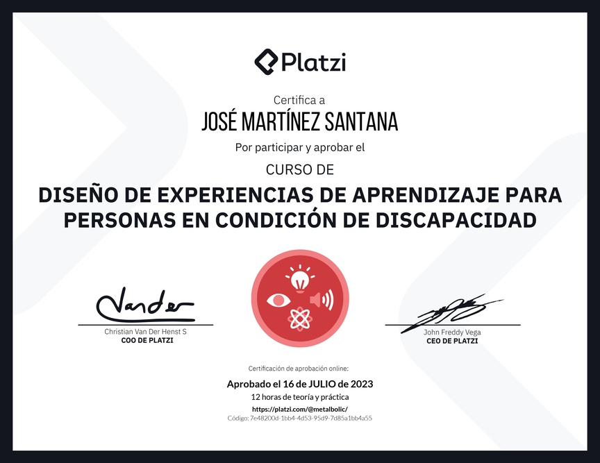 Diploma del Curso de Diseño de Experiencias de Aprendizaje para Personas en Condición de Discapacidad