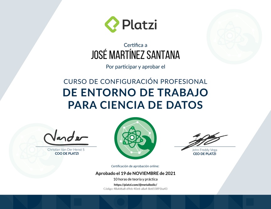 Diploma del Curso de Configuración Profesional de Entorno de Trabajo para Ciencia de Datos