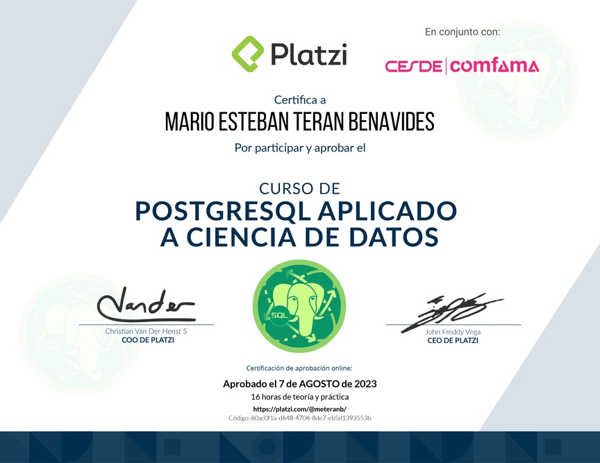 Diploma del Curso de PostgreSQL Aplicado a Ciencia de Datos