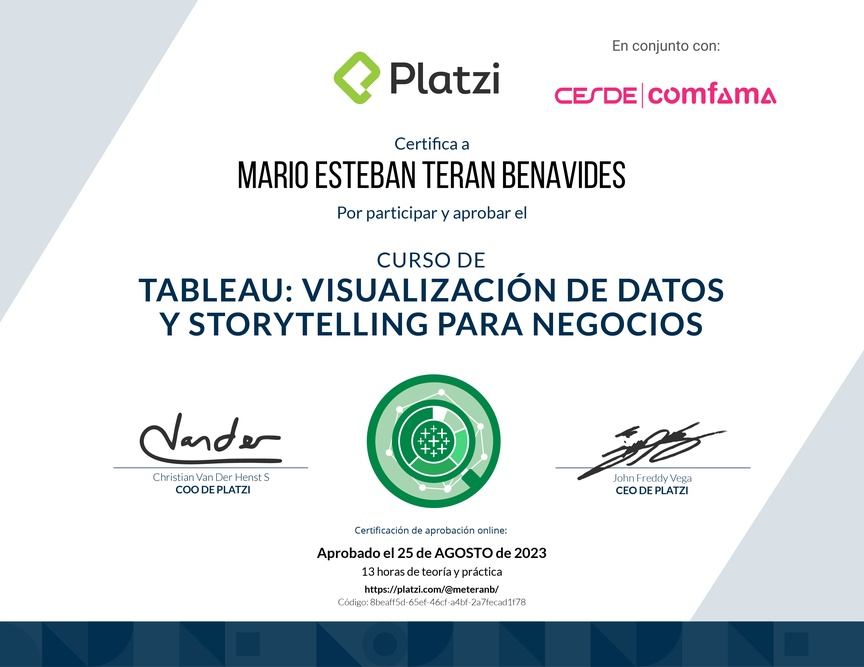 Diploma del Curso de Tableau: Visualización de Datos y Storytelling para Negocios