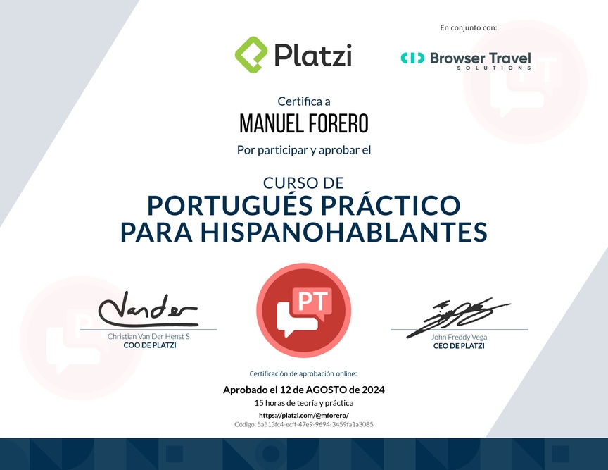 Diploma del Curso Práctico de Portugués para Hispanohablantes