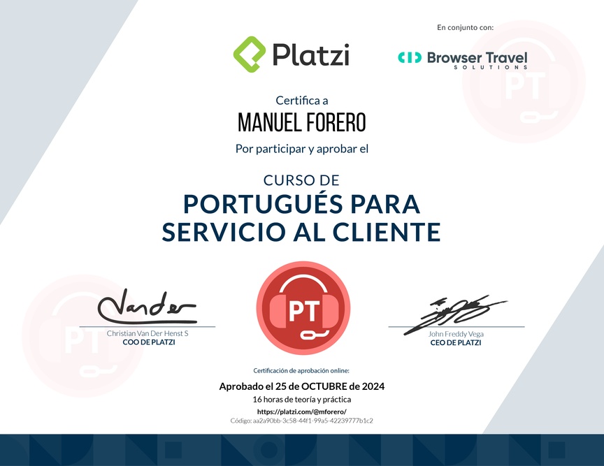 Diploma del Curso de Portugués para Servicio al Cliente