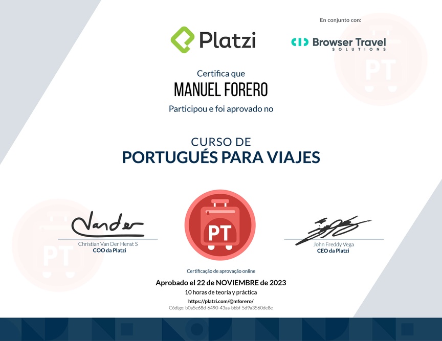 Diploma del Curso de Portugués para Viajes