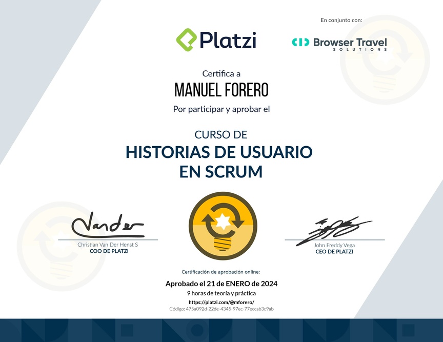 Diploma del Curso de Historias de Usuario en Scrum