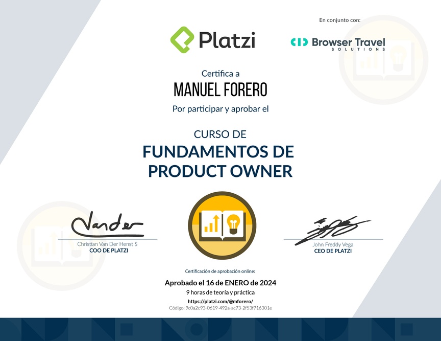 Diploma del Curso de Fundamentos de Product Owner