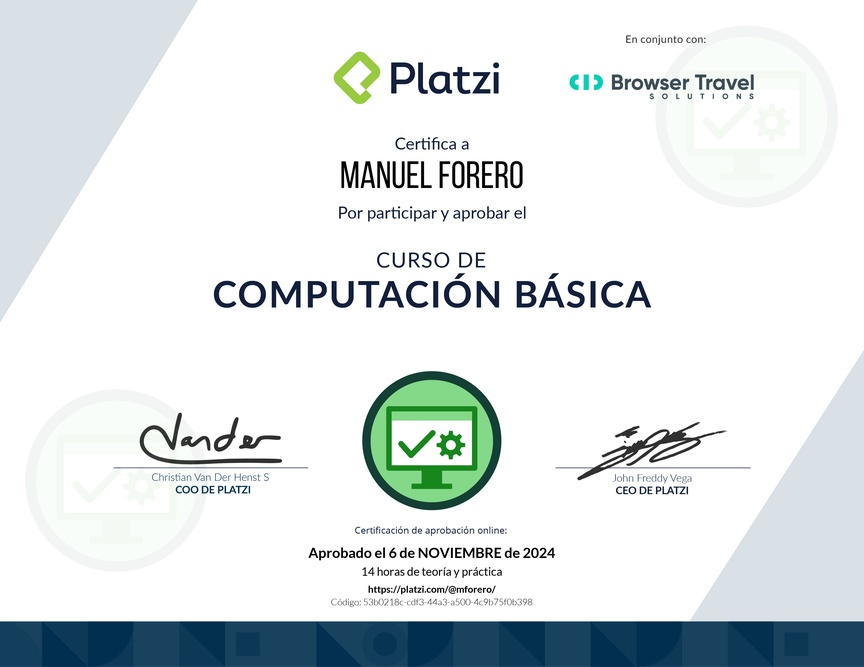 Diploma del Curso Básico de Computadores e Informática