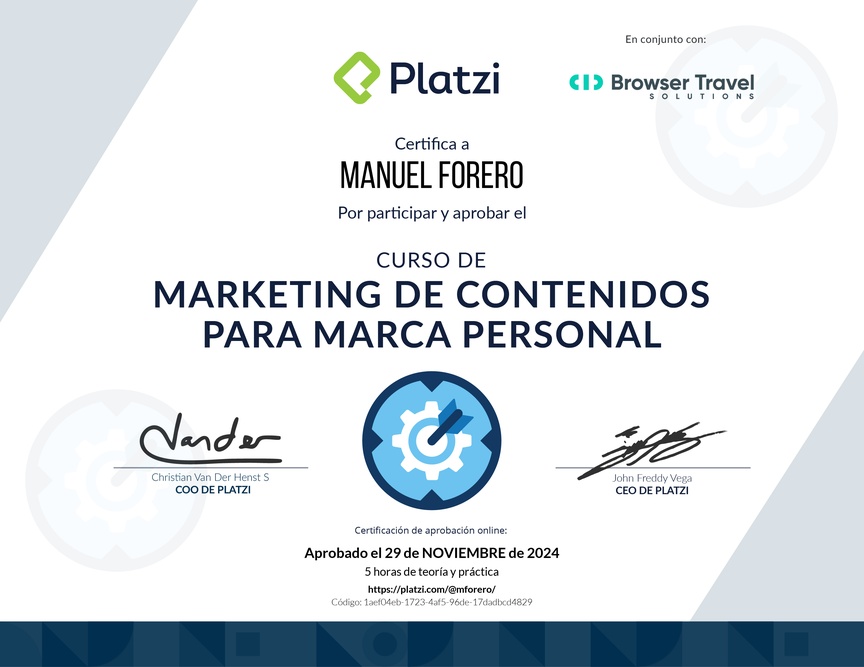 Diploma del Curso de Creación de Contenido para tu Marca Personal