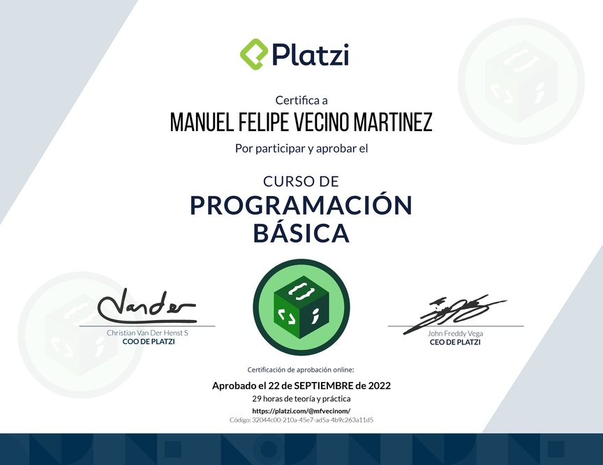 Diploma del Curso Gratis de Programación Básica 2022