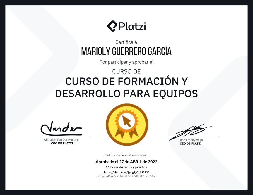 Diploma del Curso de Formación y Desarrollo para Equipos