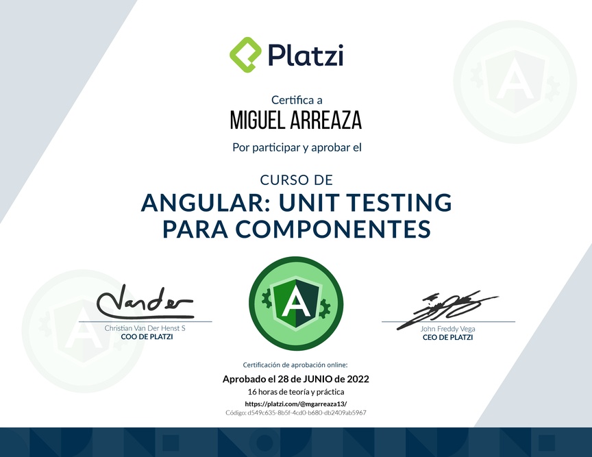Diploma del Curso de Angular: Unit Testing para Componentes