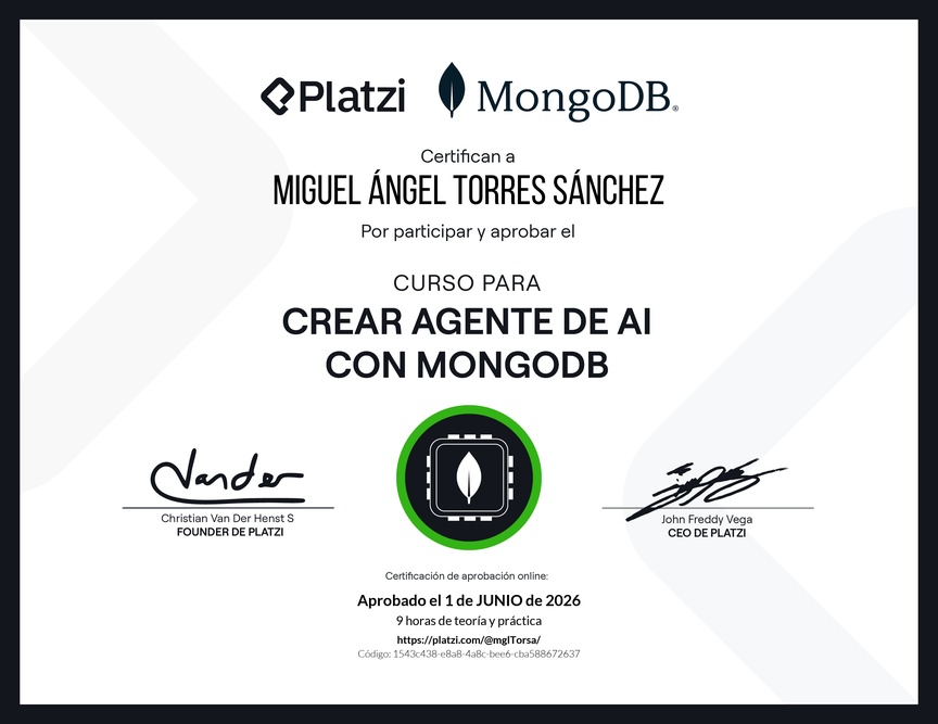 Diploma del Curso para Crear Agentes de AI con MongoDB