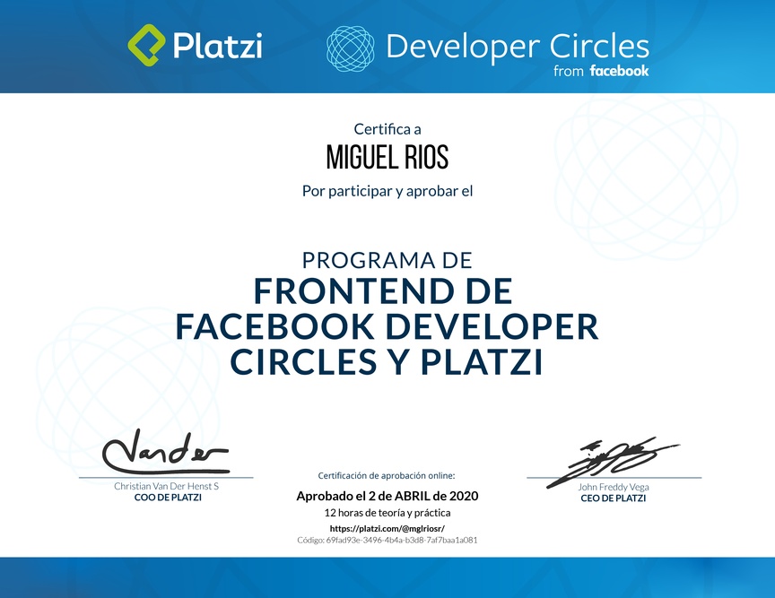 Diploma de Beca Facebook Developer Circles y Platzi