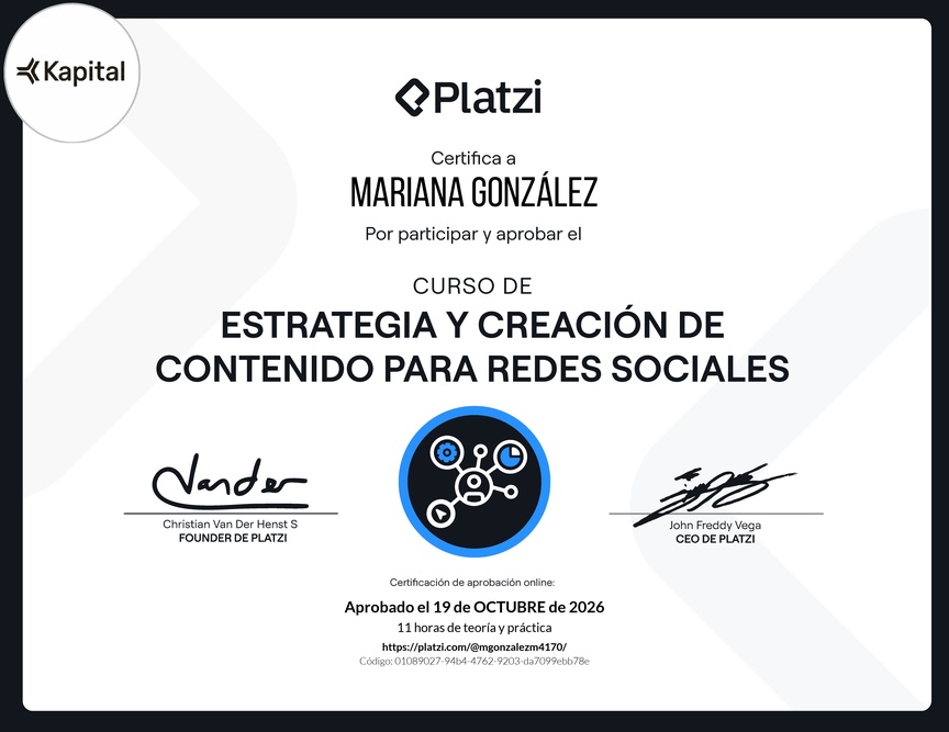 Diploma del Curso de Estrategia y Creación de Contenido para Redes Sociales