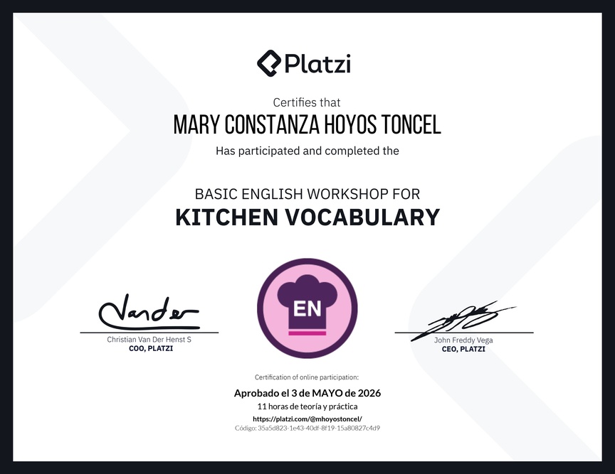 Diploma del Curso de Inglés Práctico sobre Vocabulario de Cocina