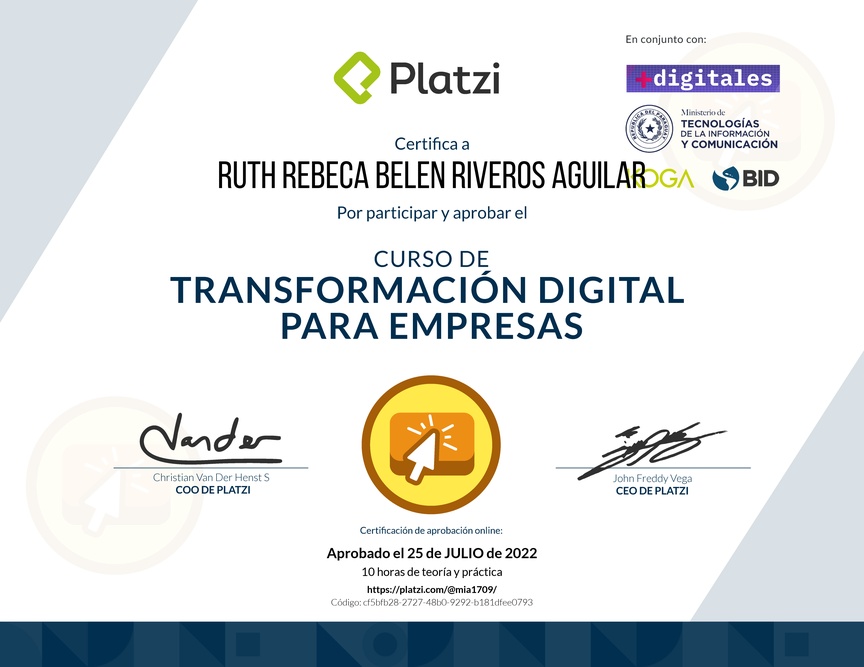 Diploma del Curso de Transformación Digital para el Crecimiento de tu Empresa