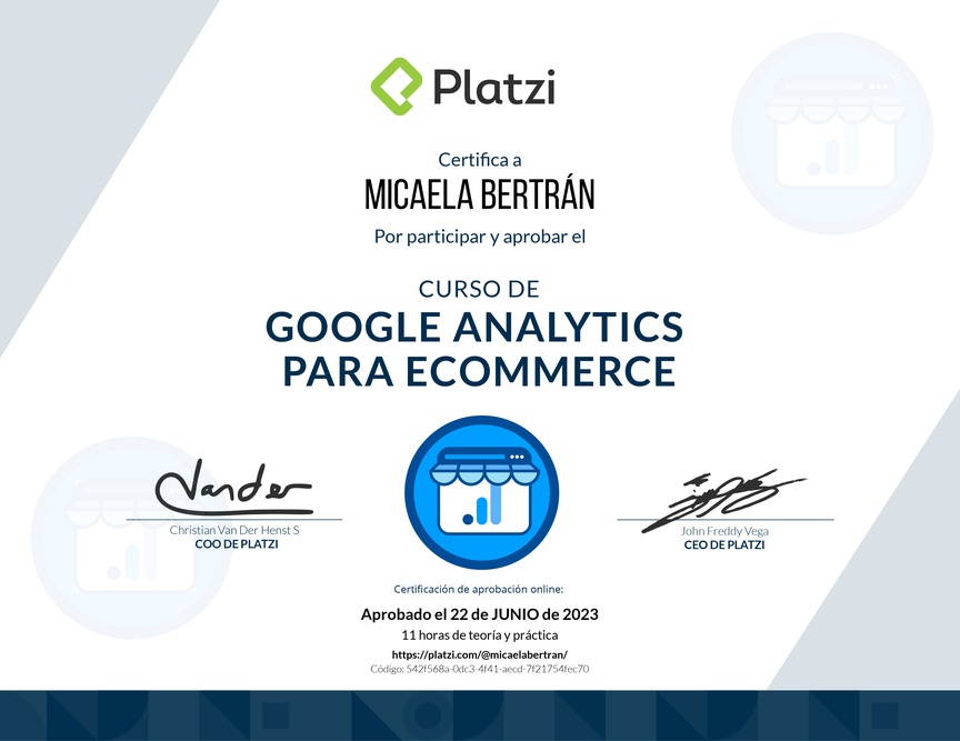 Diploma del Curso de Análisis de Reportes de Ecommerce con Google Analytics