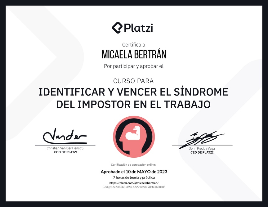 Diploma del Curso para Identificar y Vencer el Síndrome del Impostor