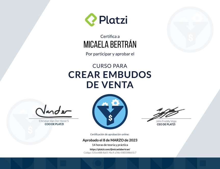 Diploma del Curso de Creación y Optimización de Embudos de Venta (2022)