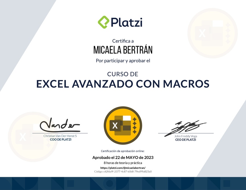 Diploma del Curso de Excel Avanzado con Macros