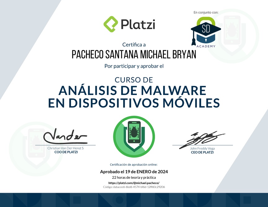 Diploma del Curso de Análisis de Malware para Dispositivos Móviles