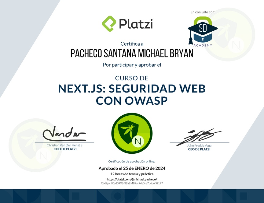Diploma del Curso de Next.js: Seguridad Web con OWASP