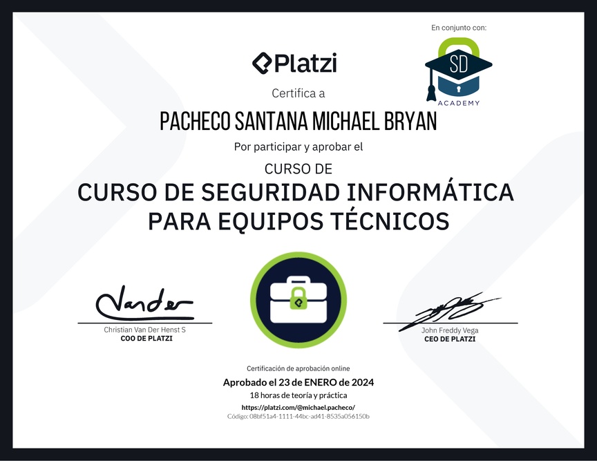 Diploma del Curso de Seguridad Informática para Equipos Técnicos