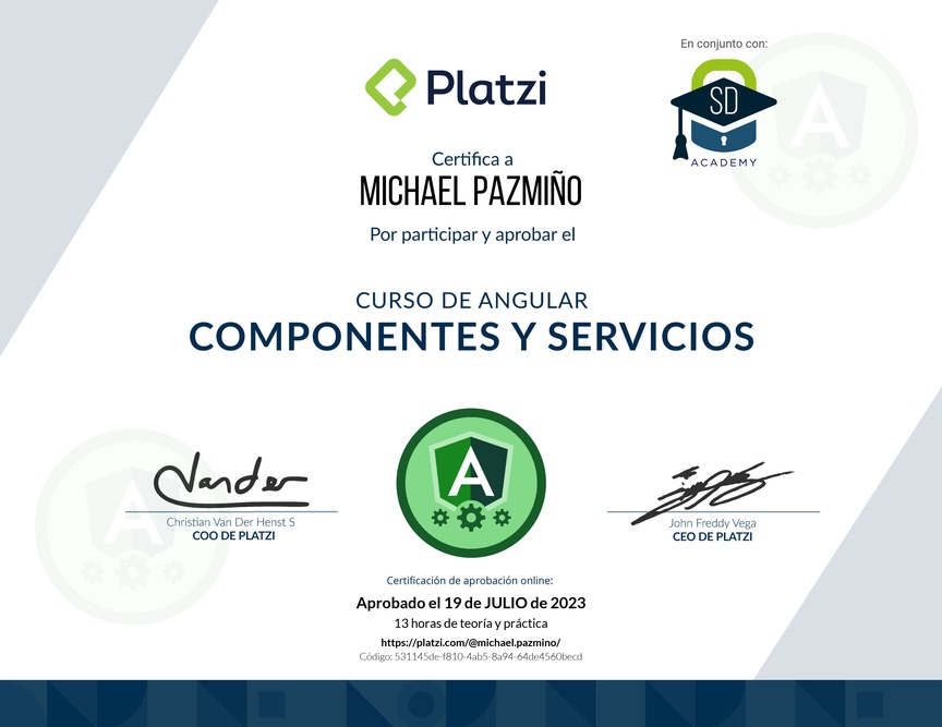 Diploma del Curso de Angular: Componentes y Servicios