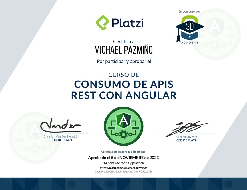 Diploma del Curso de Consumo de APIs REST con Angular