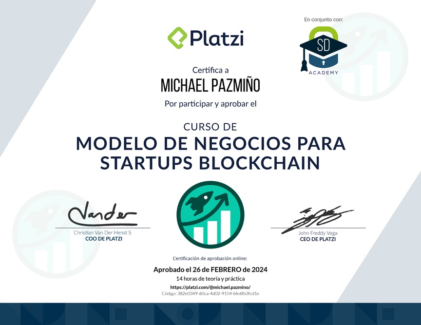 Diploma del Curso de Modelo de Negocio para Startups Blockchain