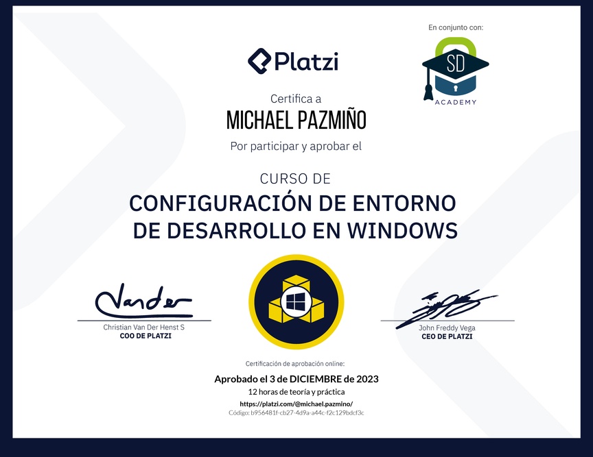 Diploma del Curso de Configuración de Entorno de Desarrollo en Windows