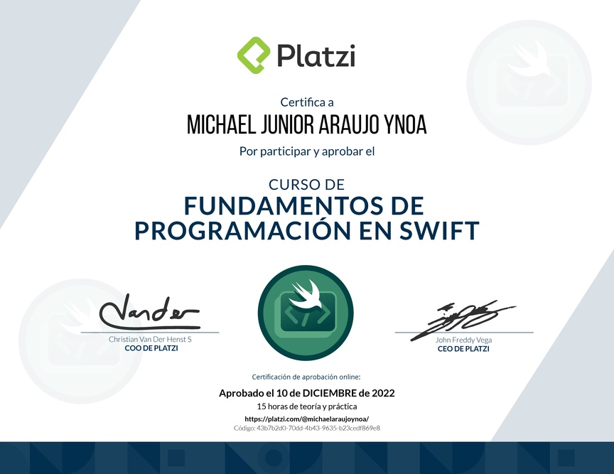 Diploma del Curso de Introducción a Swift (2019)