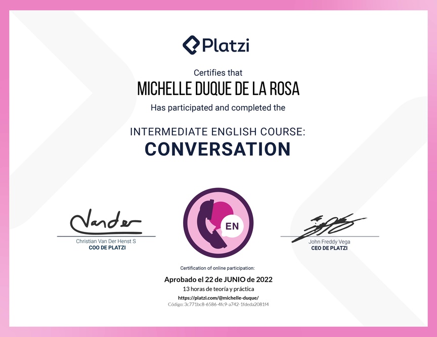 Diploma del Curso de Inglés Intermedio: Conversación 2020