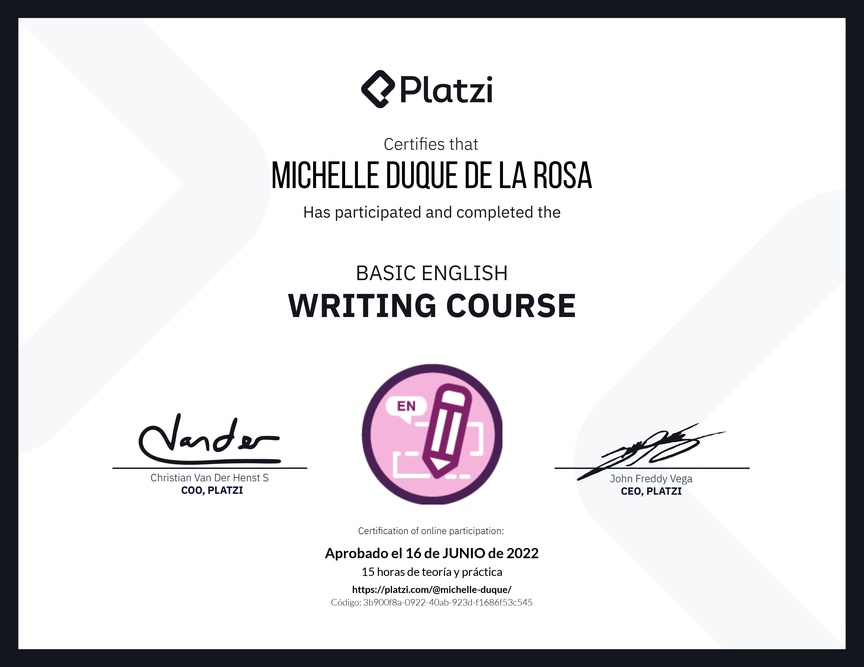 Diploma del Curso Básico de Escritura en Inglés