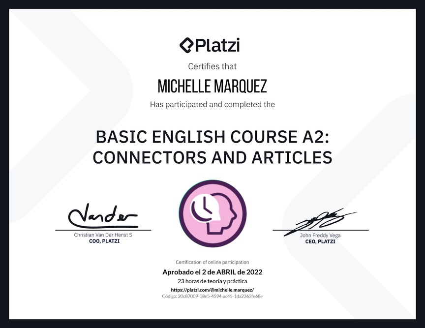Diploma del Curso de Inglés Básico A2: Conectores y Artículos