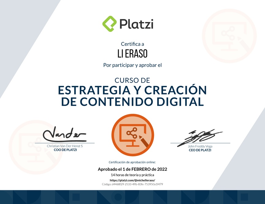 Diploma del Curso de Estrategia y Creación de Contenido Digital