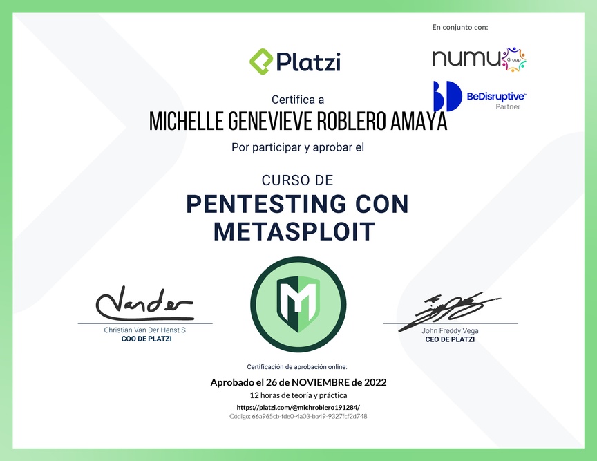 Diploma del Curso de Hacking: Pentesting con Metasploit
