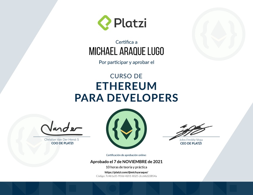 Diploma del Curso de Ethereum para Developers