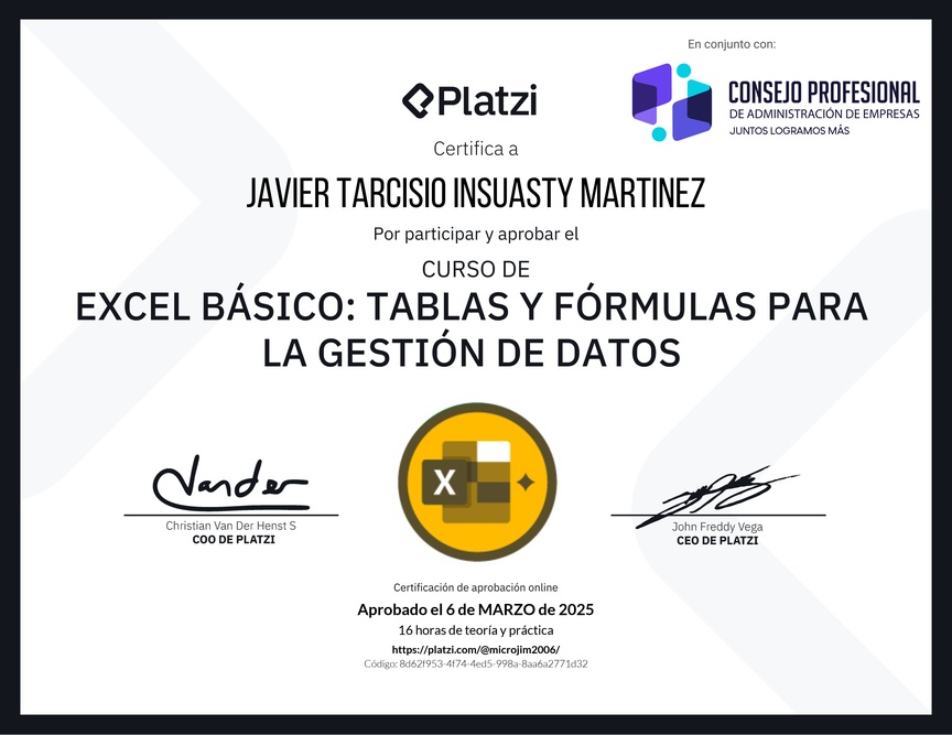 Diploma del Curso de Excel Básico: Tablas y Fórmulas para la Gestión de Datos