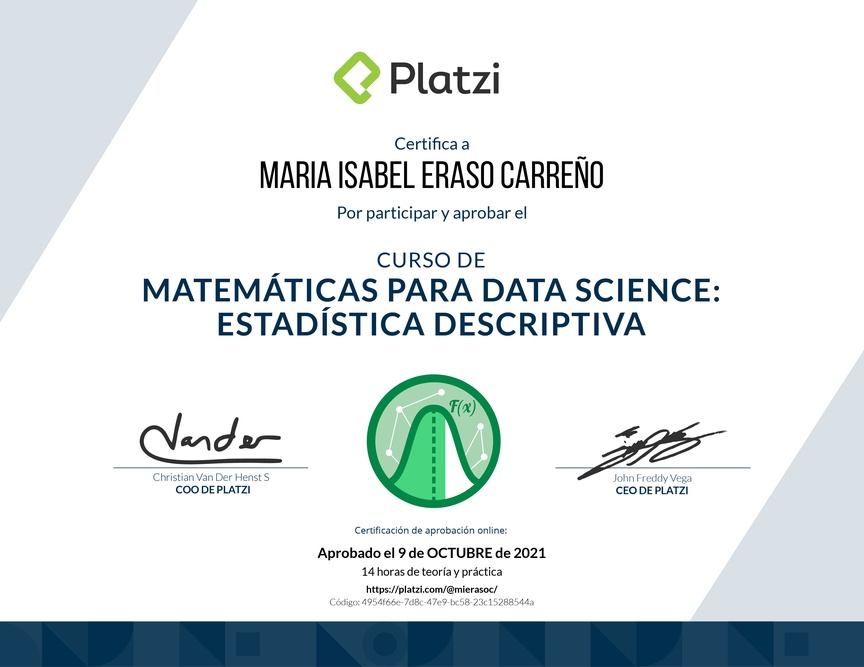 Diploma del Curso de Matemáticas para Data Science: Estadística Descriptiva