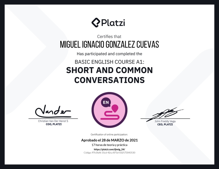 Diploma del Curso de Inglés Básico A1: Conversaciones Cortas y Habituales (2020)