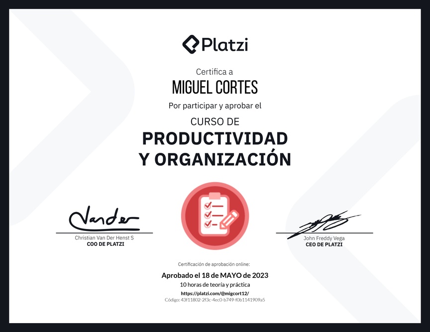 Diploma del Curso de Productividad y Organización