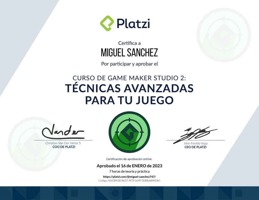 Diploma del Curso de Game Maker Studio 2: Técnicas avanzadas para tu juego