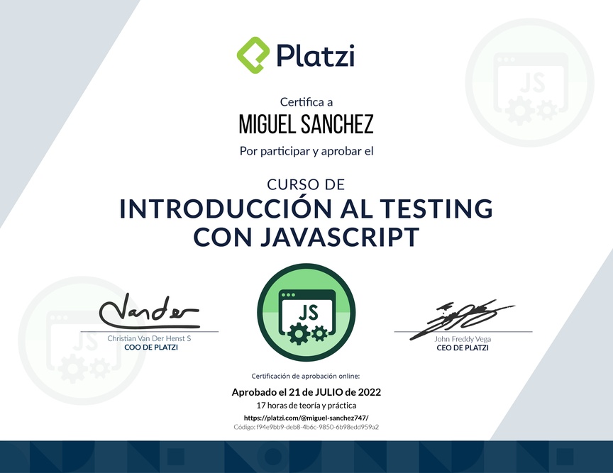 Diploma del Curso de Introducción al Testing con JavaScript
