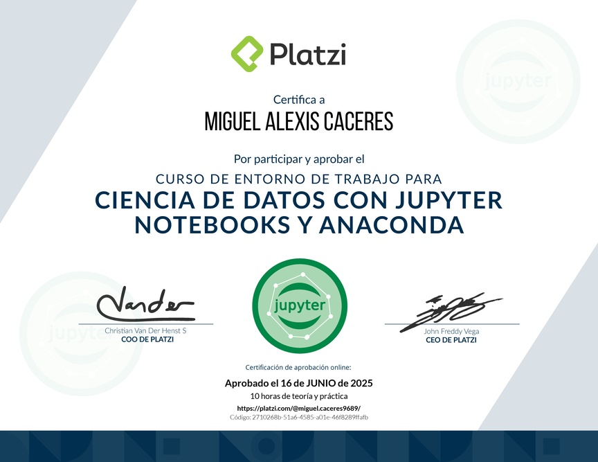 Diploma del Curso de Entorno de Trabajo para Ciencia de Datos con Jupyter Notebooks y Anaconda