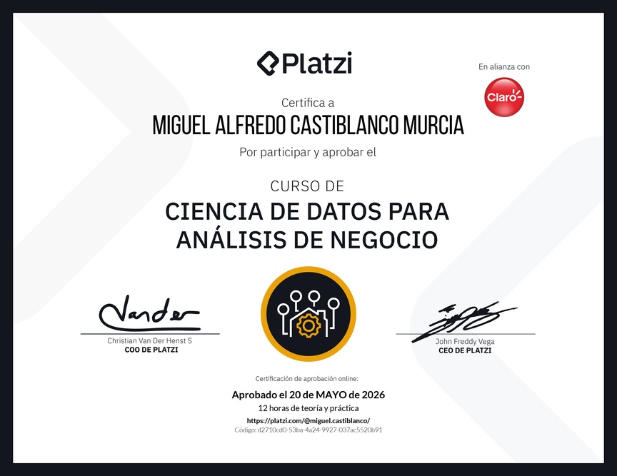 Diploma del Curso de Ciencia de Datos para Análisis de Negocio