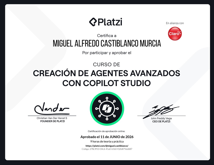 Diploma del Curso de Creación de Agentes Avanzados con Microsoft Copilot Studio