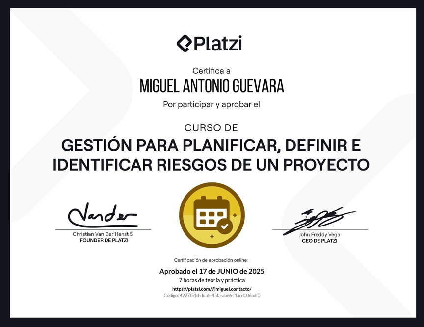 Diploma del Curso de Gestión para Planificar, Definir e Identificar Riesgos de un Proyecto