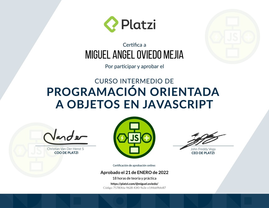 Diploma del Curso Intermedio de Programación Orientada a Objetos en JavaScript